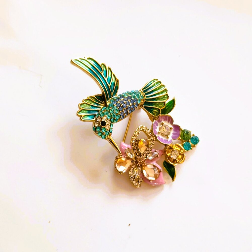 Hummingbird & Flower Crystal Brooch Gold Enamel Multicolor Bird Pin
